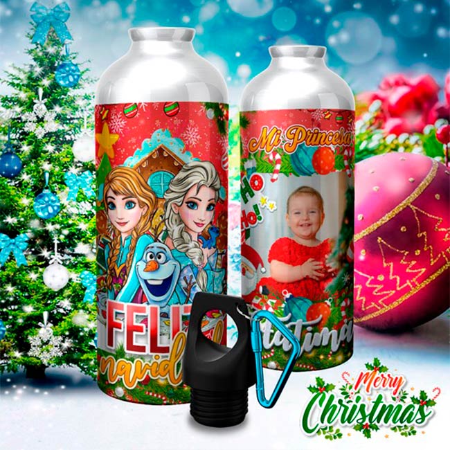 BOTELLA DE ALUMINIO NAVIDEÑA PERSONALIZABLE CON FOTO Y NOMBRE